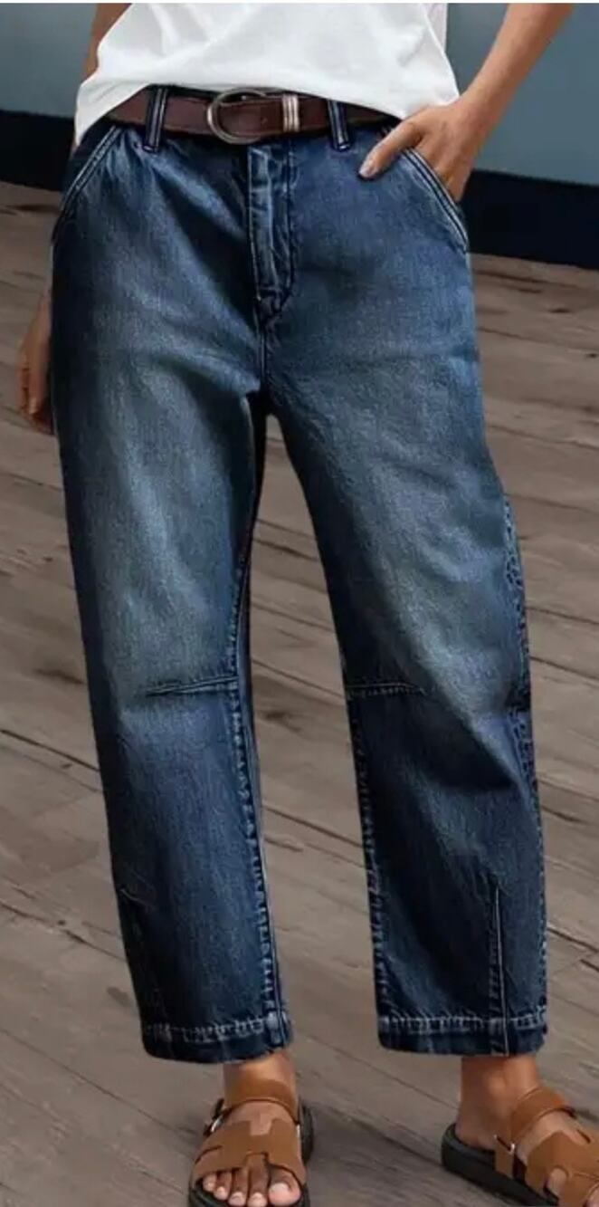 Flamingals barrel-leg denim jeans split hems knee seam NWT $63 retail Small